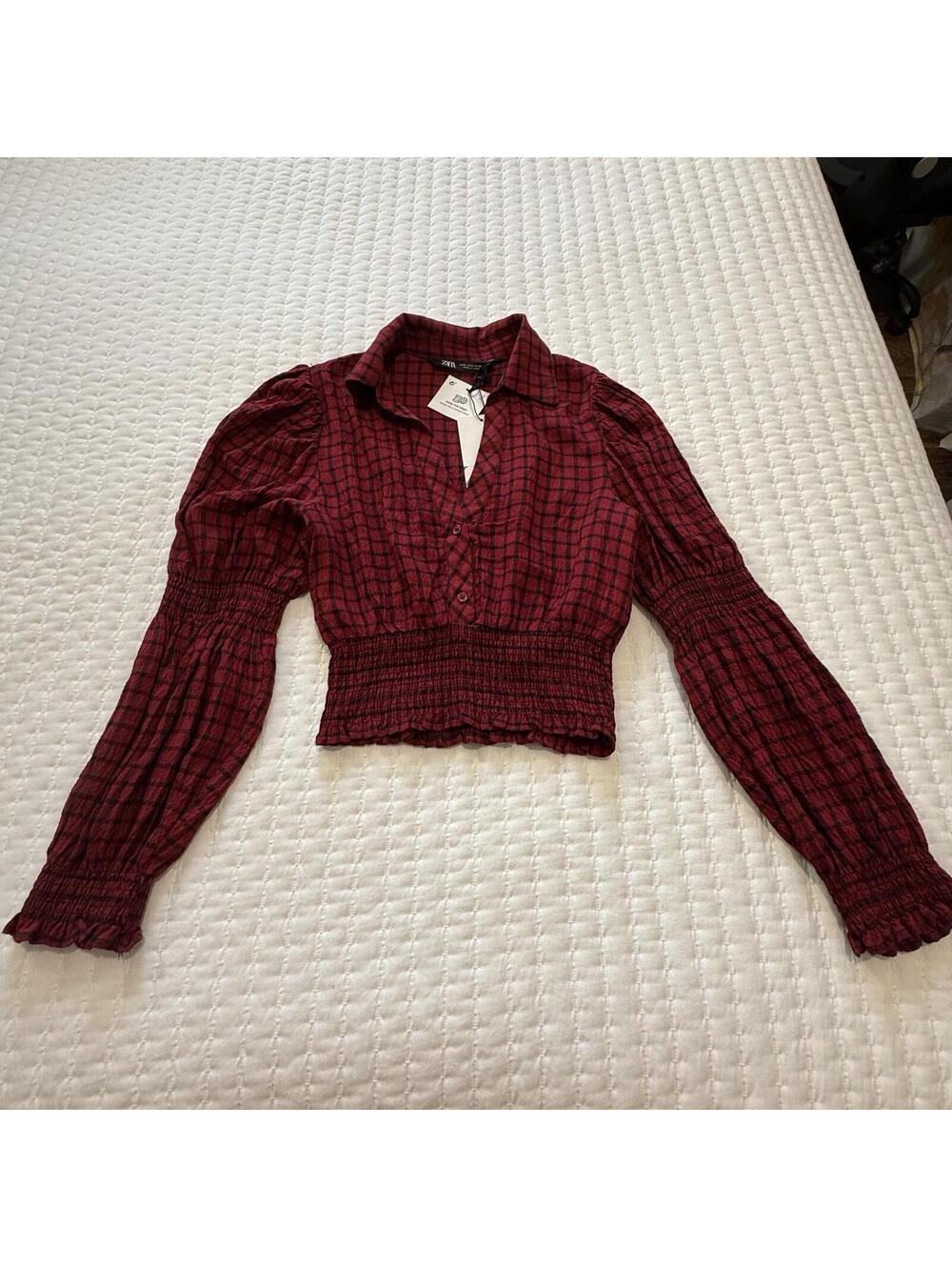 Zara Red & Black Plaid Smocked Hem Crop Top Long Sleeve NWT SZ S Small